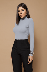 Blusa Gola Alta Manga Longa Basic Canelado Rib Twins Valéria Cinza Claro