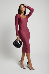 Vestido Midi Tubinho Reto Manga Longa Zíper Costas Prada Francine Uva